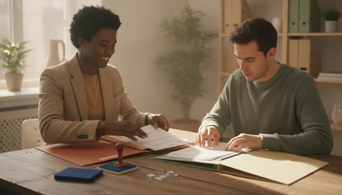Agency consultant and client at a table sorting diplomas, transcripts and certificates into labelled folders in a sunlit office