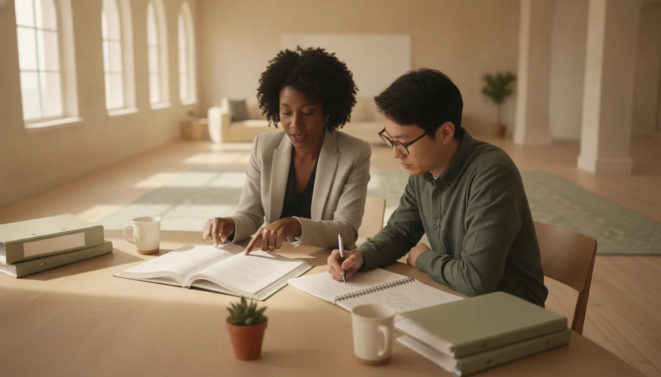 Trainee immigration adviser taking notes from a printed study guide while a senior colleague points to a paragraph at a shared office desk