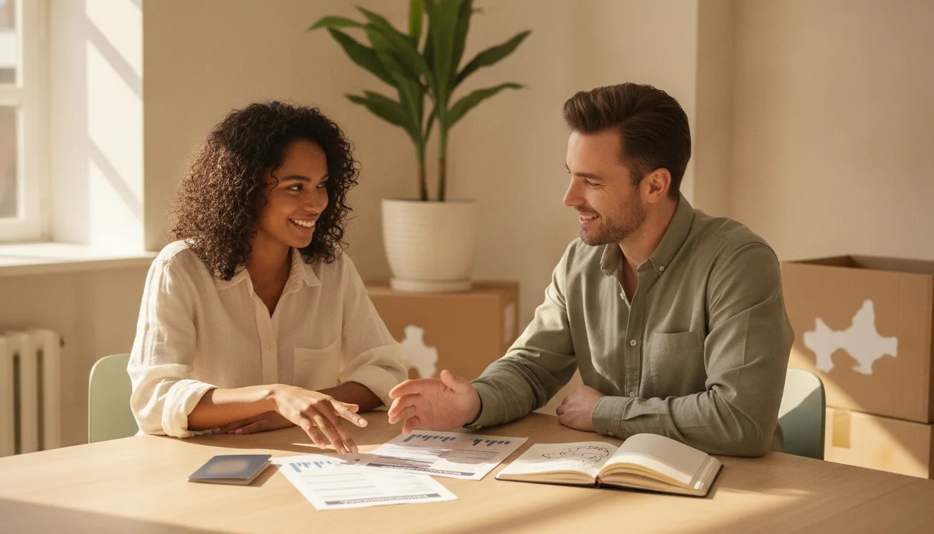 Two business partners at a wooden table in a small new office, reviewing printed registration forms, a passport and a notebook, with moving boxes and a potted plant in the background