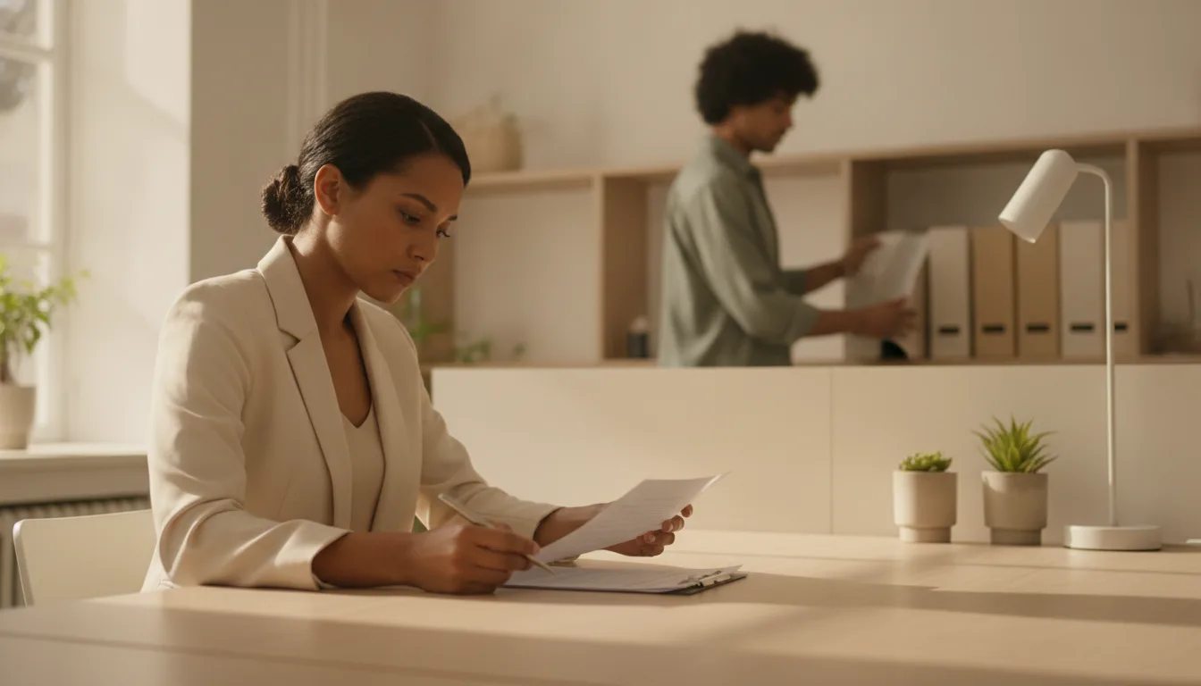 Operations manager at a visa agency reviewing a printed contract with a pen while a colleague sorts client folders at a shared desk