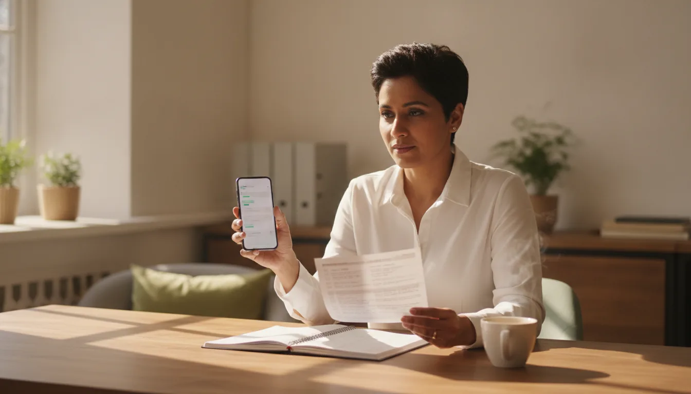 Vize acentesi çalışanı bir elinde basılı evrak kontrol listesi tutarken ofis masasında akıllı telefonundan randevu hatırlatması gönderiyor