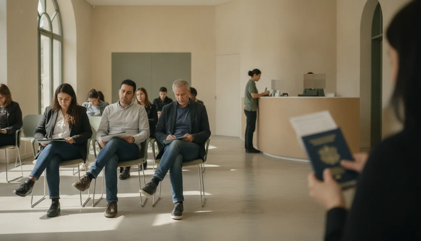 A bright visa application centre waiting area with applicants seated holding document folders while a staff member at a service counter checks a passport