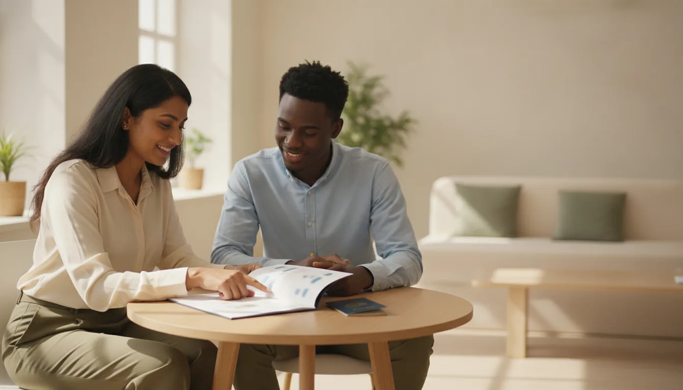 Visa consultant and a young client sitting across a small meeting table in a bright office, reviewing a folder of printed documents and a passport together